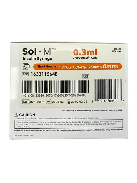 Sol-M Insulin Syringe 31g x 6mm, 0.3ml - Box of 100
