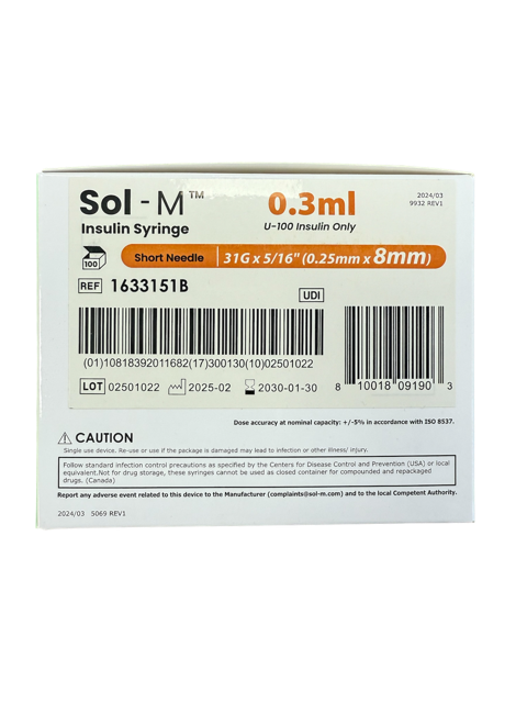 Sol-M Insulin Syringe 31g x 8mm, 0.3ml - Box of 100