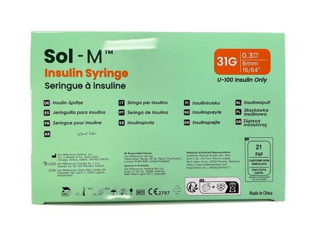Sol-M Insulin Syringe 31g x 6mm, 0.3ml - Box of 100