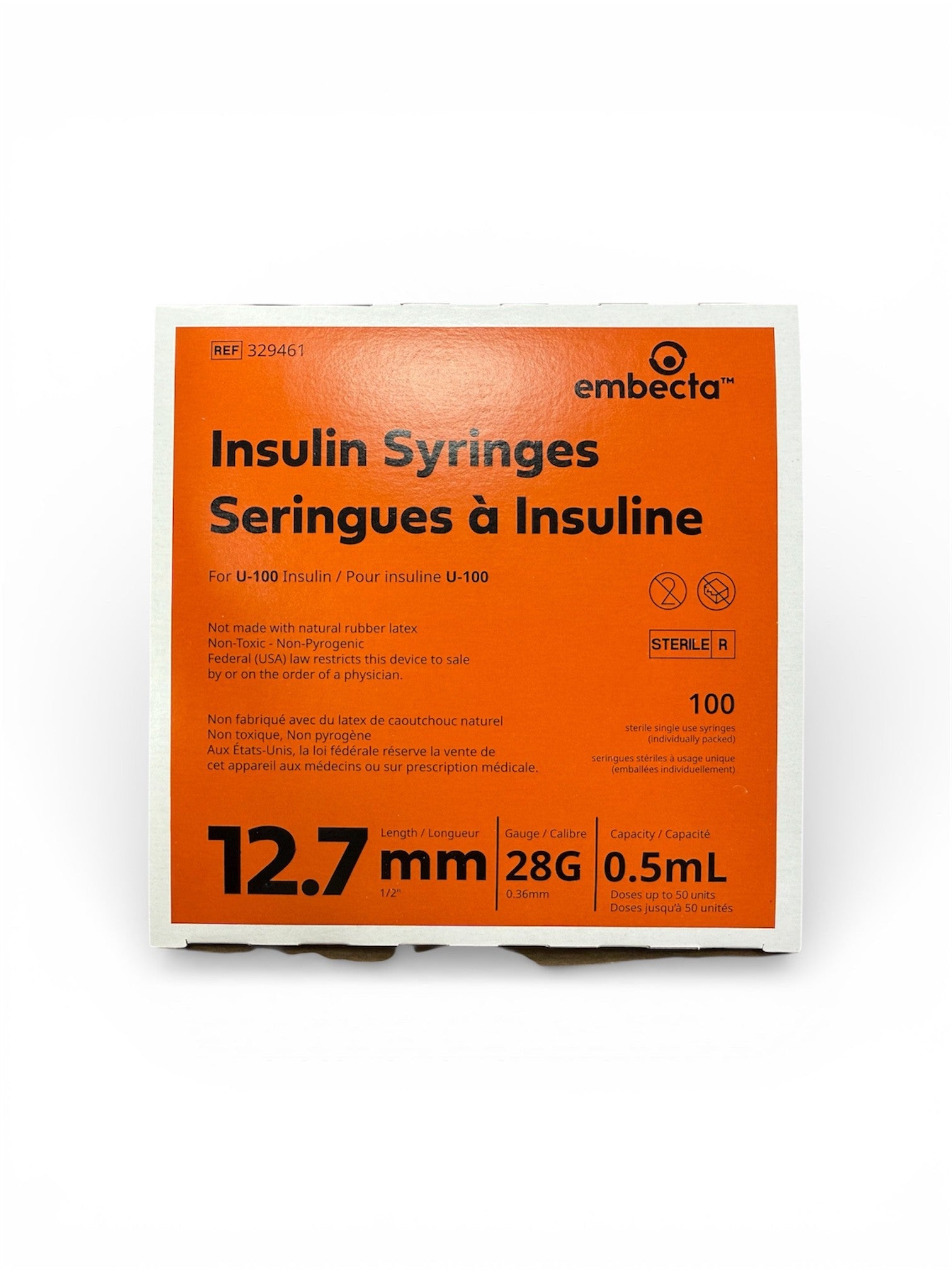 BD (Embecta) Lo-Dose Insulin Syringe, 28g x .5in, 0.5ml - Box of 100