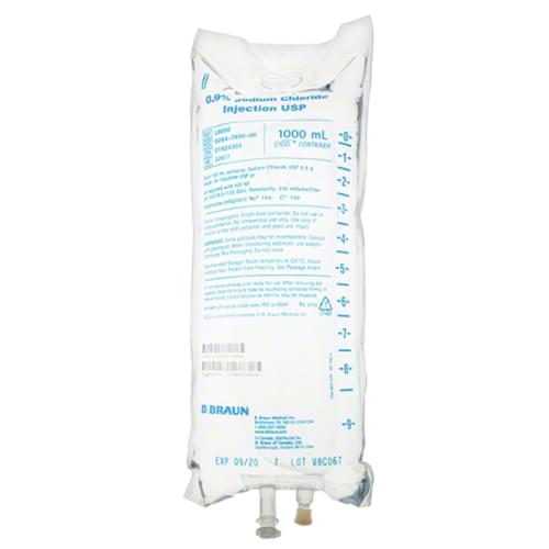 B.Braun 0.9% Sodium Chloride Injection Solution, IV Bag, 1000ml - Case of 12