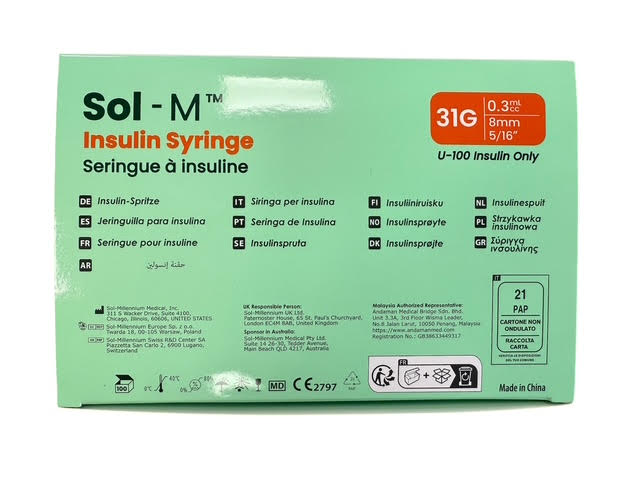 Sol-M Insulin Syringe 31g x 8mm, 0.3ml - Box of 100
