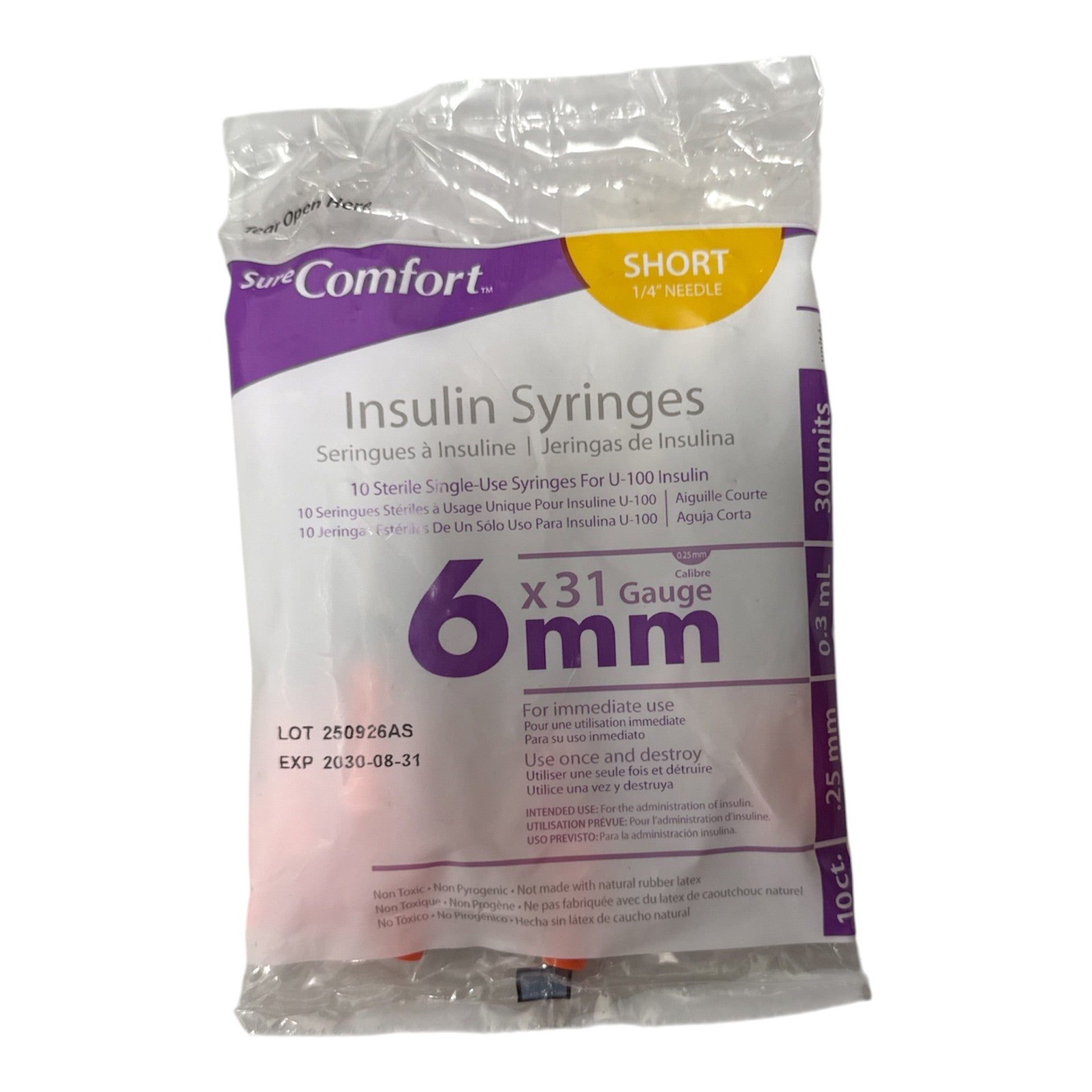 Sure Comfort Insulin Syringe 31g x 6mm, 0.3ml, 10/Bag - Each