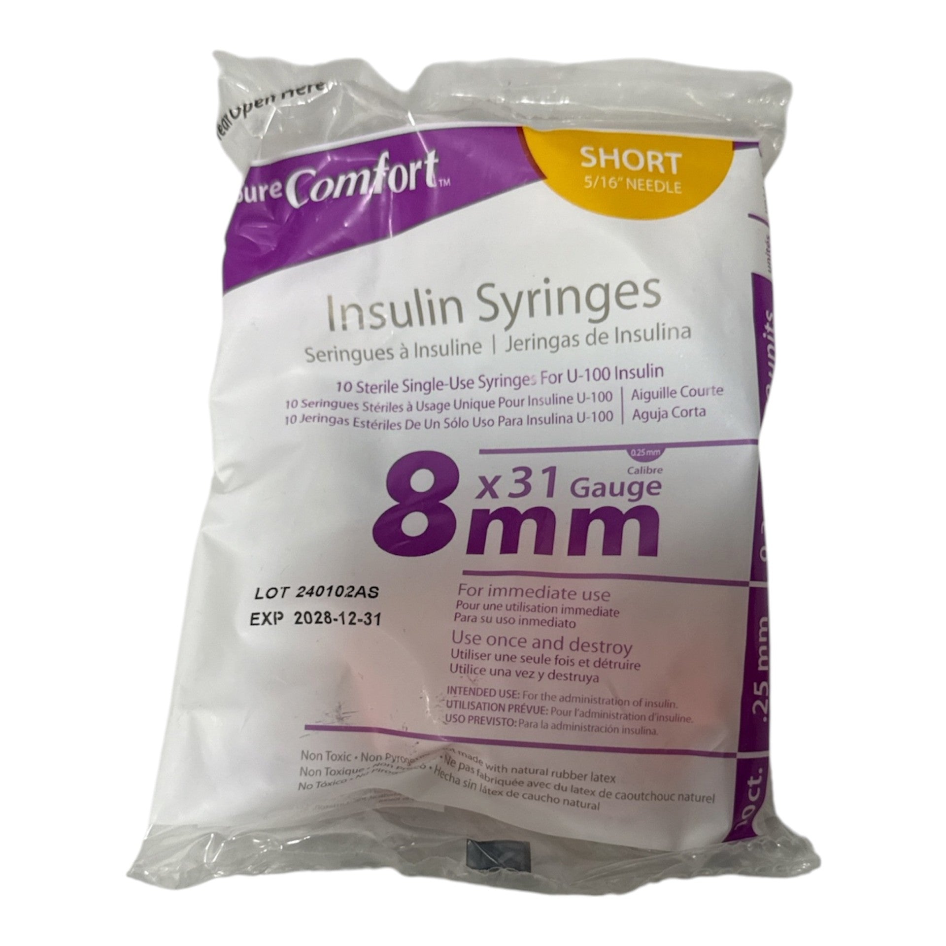 Sure Comfort Insulin Syringe 31g x 8mm, 0.3ml, 10/Bag - Each