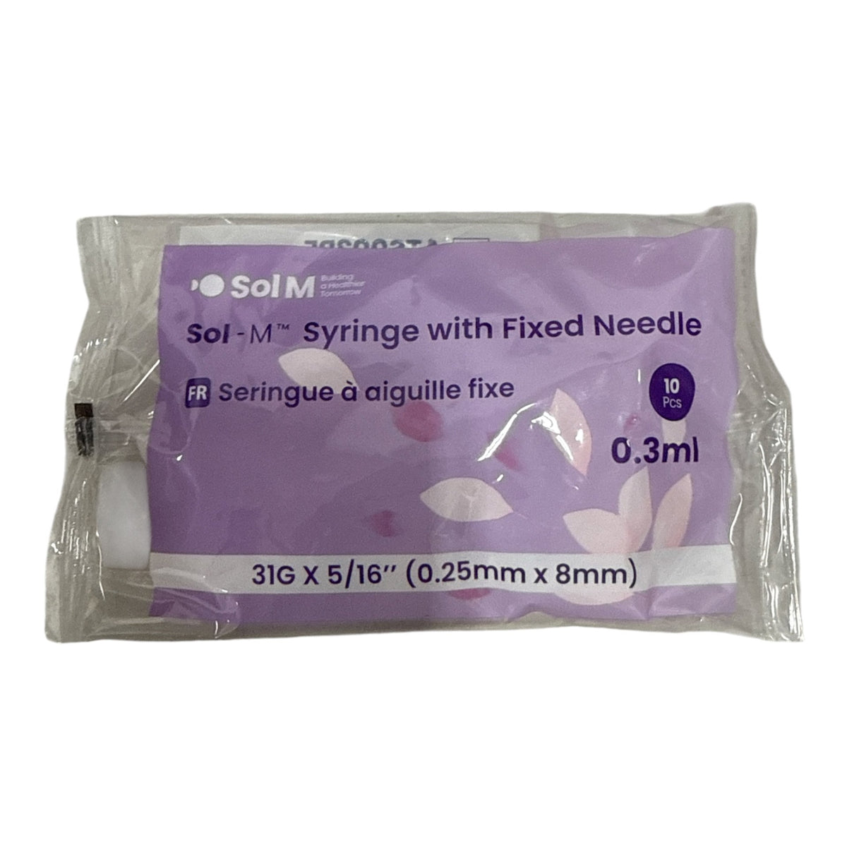 Sol-M Insulin Syringe w/ Fixed Needle 31g x 8mm, 0.3ml, 10/Bag - Each
