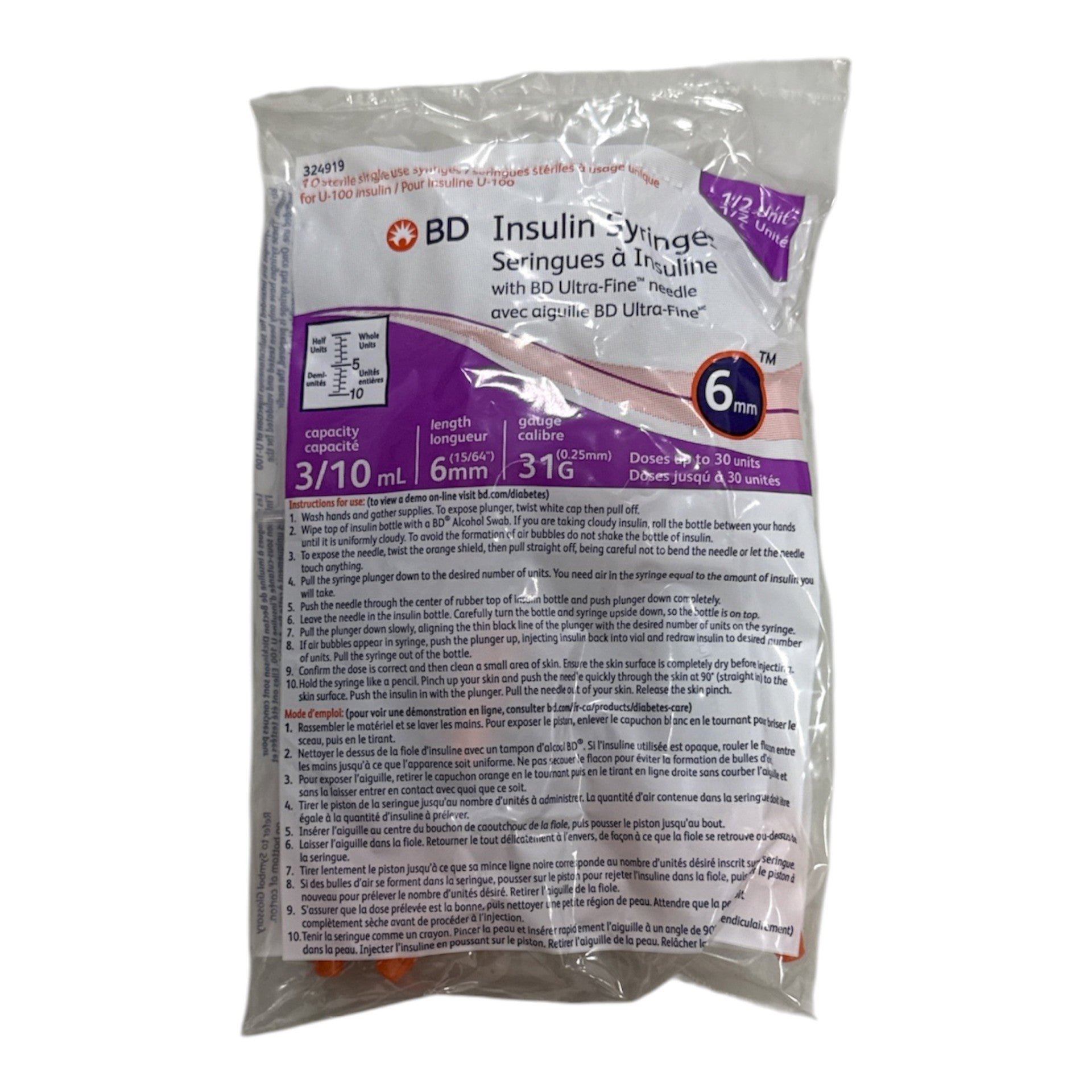 BD Insulin Syringe 31g x 6mm, 0.3ml, 10/Bag- Each