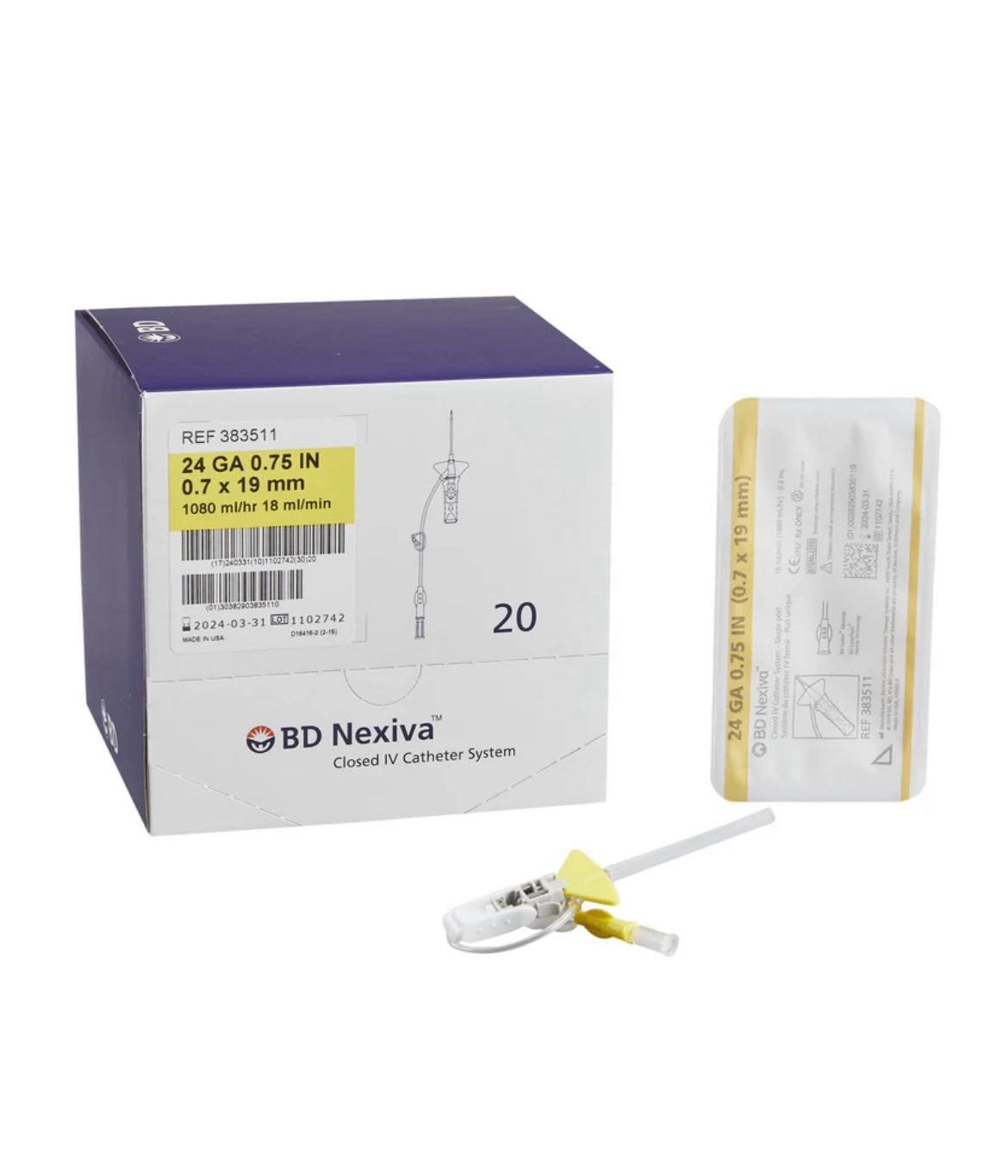 BD Nexiva Bloodless IV Catheter 24G x 0.75” Single Port - Box of 20