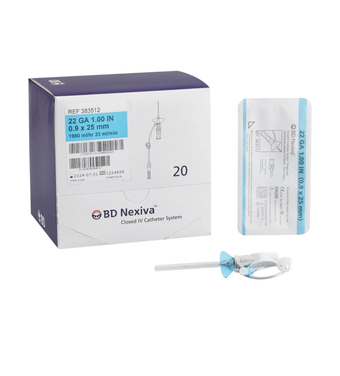 BD Nexiva Bloodless IV Catheter 22G x 1” Single Port - Box of 20