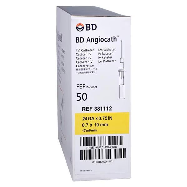BD Angiocath Yellow IV Catheter 24G x 0.75” - Box of 50