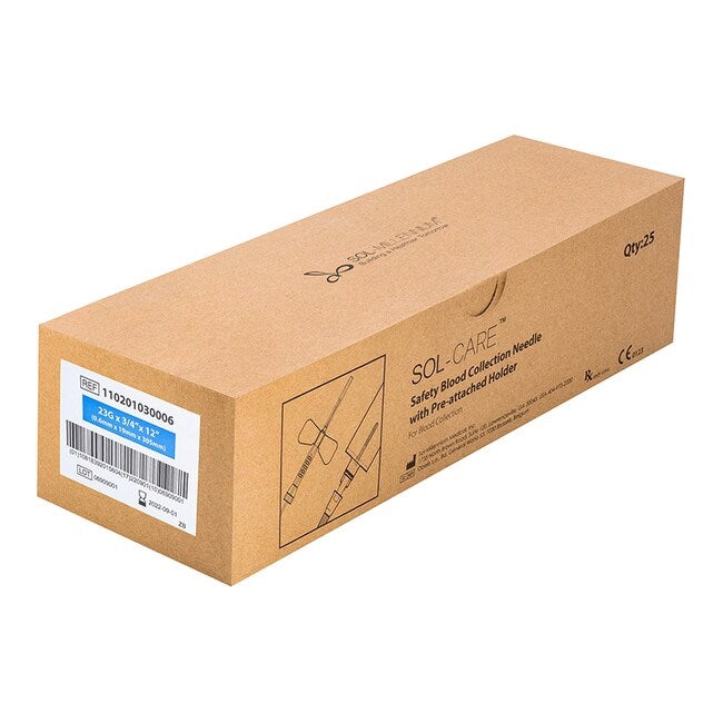 Sol-Care Safety Blood Collection Needle w/ Pre-Attached Holder, 23G x 0.75” (12” Tubing) - Box of 25