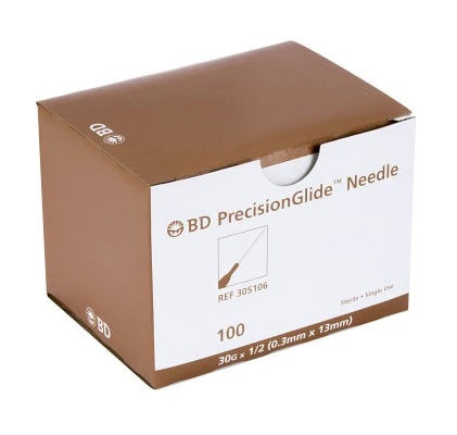 BD PrecisionGlide Hypodermic Needle, 30G x 0.5”, Regular Wall - Box of 100